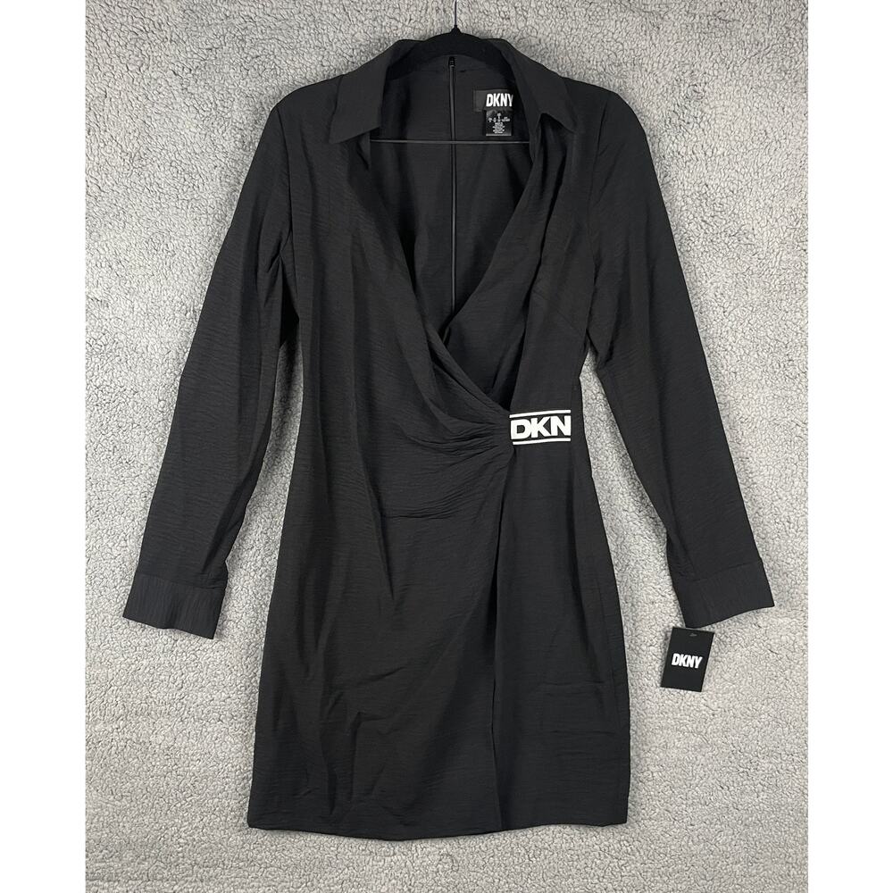 DKNY Women's US2 Black White 100% Polyester Long Sleeve Side Tie Mini Shirtdress